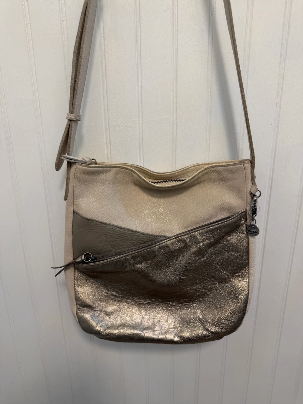 The Sak Metallic Taupe and Beige Leather Crossbody